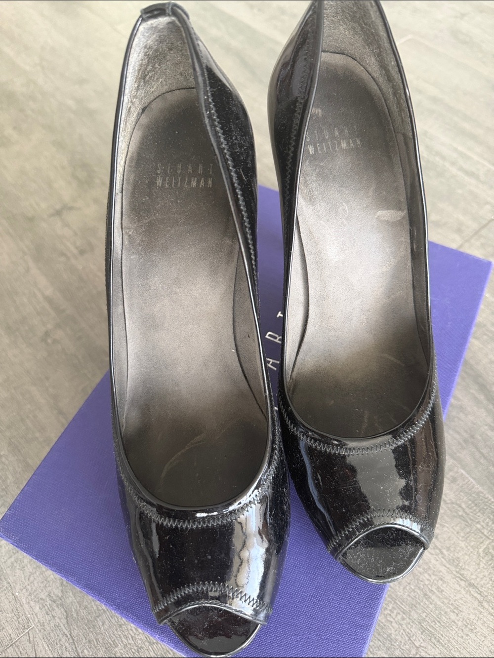 Stuart Weitzman Black Patent Peep-Toe Heels